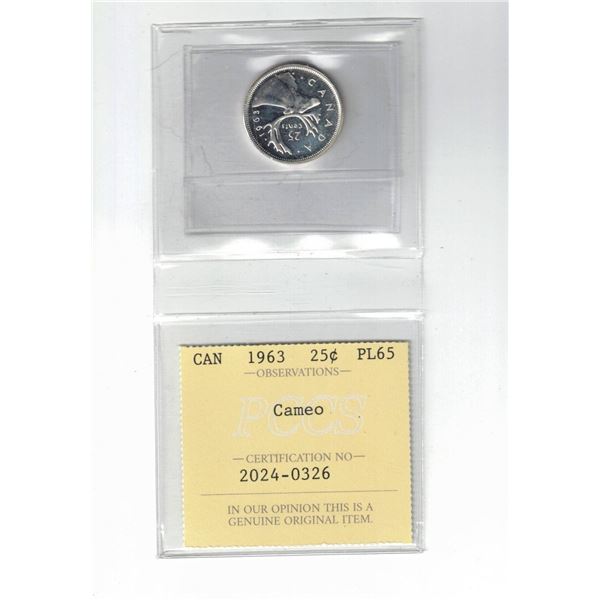1963 Canada 25¢; Cameo, Certified PCCS PL65, Professional Coin Certification System