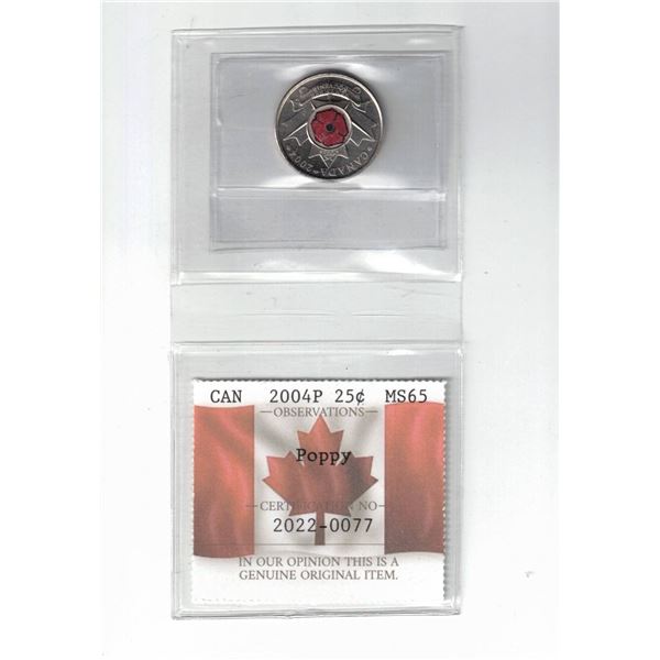 2004P Canada 25¢ "Poppy" Certified PCCS MS65, Professional Coin Certification System