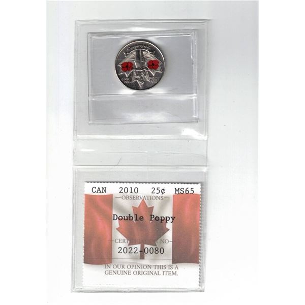 2010 Canada 25¢ "Double Poppy" Certified PCCS MS65, Professional Coin Certification System