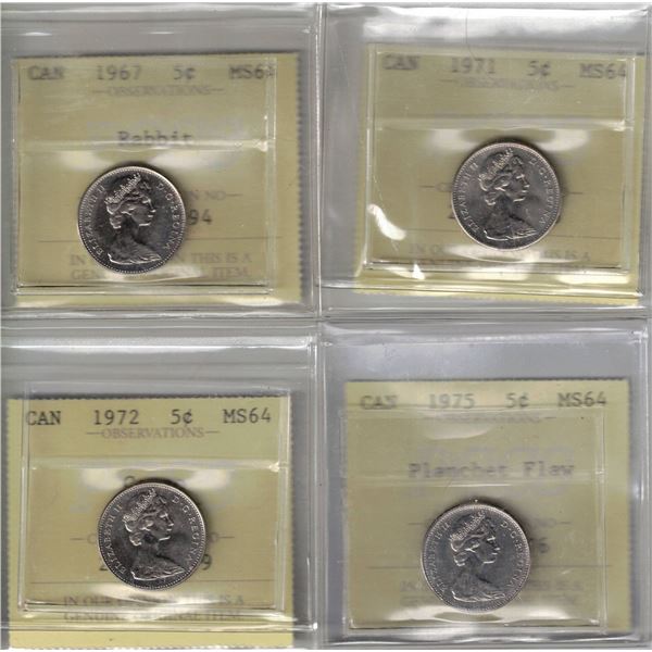 1967-1971-1972-1975 5¢  PCCS MS64 4Pcs
