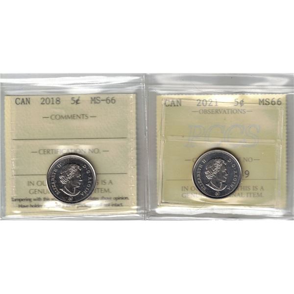 2018 5¢ ICCS MS-66, 2021 5¢ PCCS MS-66 (Professional Coin Certification System)