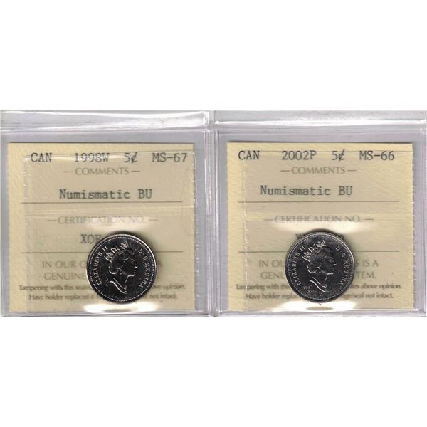 Lot of 2 ICCS Certified 5¢ Coins NBU, 2002P MS66 & 1998W MS67
