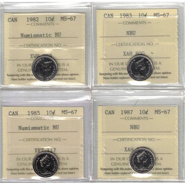 1982 10¢ MS67, 1983 10¢ MS67, 1985 10¢ MS67, 1987 10¢ MS67, 4pcs All ICCS, NBU