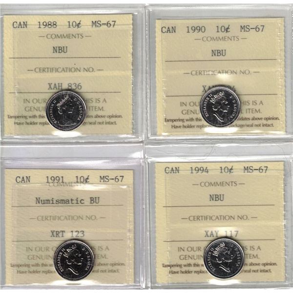 1988 10¢ MS67, 1990 10¢ MS67, 1991 10¢ MS67, 1994 10¢ MS67, 4pcs All ICCS, NBU