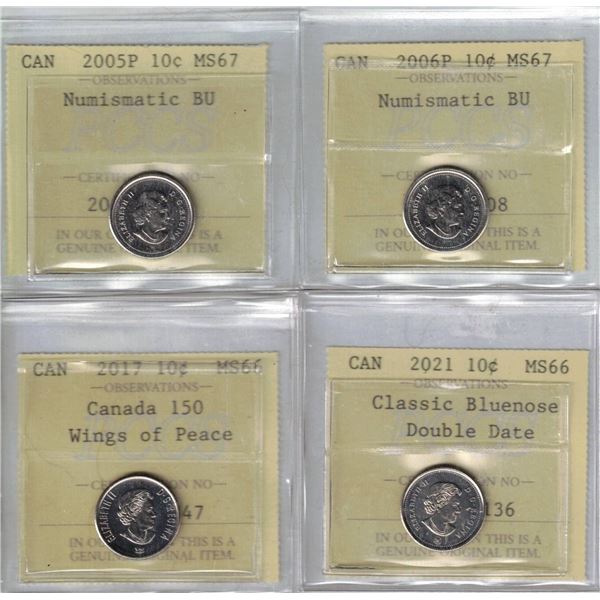 2005P 10¢ MS67, 2006P 10¢ MS67, 2017 10¢ Wings MS66, 2021 10¢ Classic Db Date MS66, 4pcs All PCCS