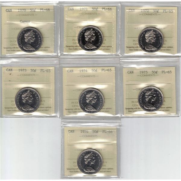 50¢ ICCS-PCCS Proof Like Lot of 7 pcs, Professional Coin Certification System