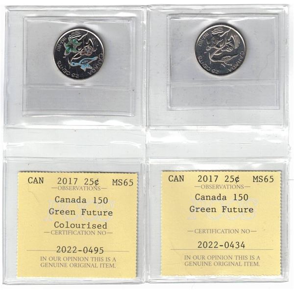 2 x 2017 25¢ Canada 150 MS65, Colorised & no Color PCCS Graded