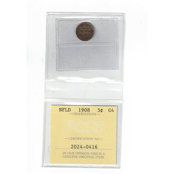 Newfoundland 1908 5¢ Certified PCCS G4, Professional Coin Certification System