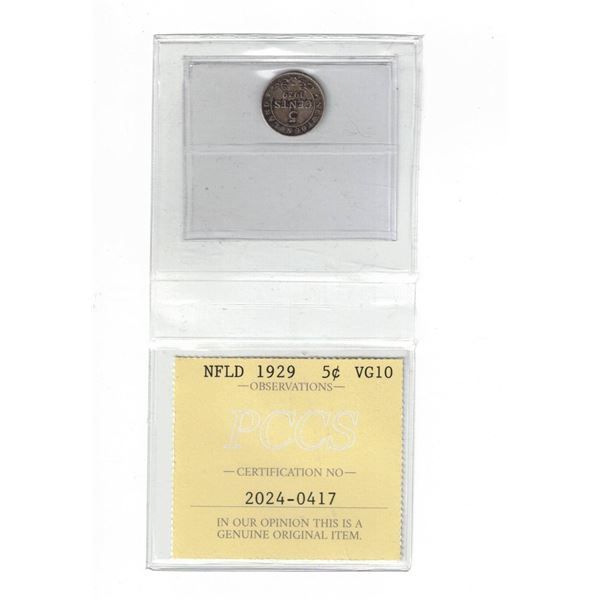 Newfoundland 1929 5¢ Certified PCCS VG10, Professional Coin Certification System