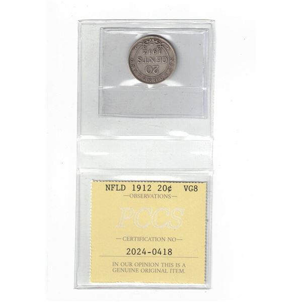 Newfoundland 1912 20¢ Certified PCCS VG8, Professional Coin Certification System