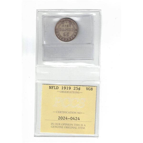 Newfoundland 1919 25¢ Certified PCCS VG8, Professional Coin Certification System