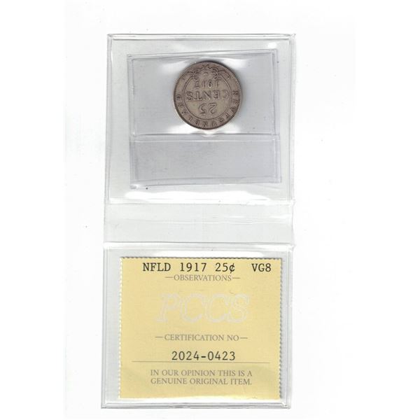 Newfoundland 1917 25¢ Certified PCCS VG8, Professional Coin Certification System