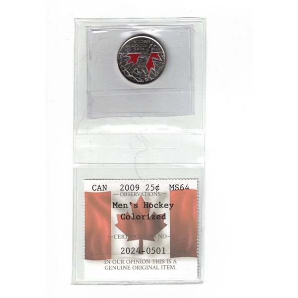 2009 Canada 25¢ Men's Hockey; Colorized, Incused 2, Certified PCCS MS64