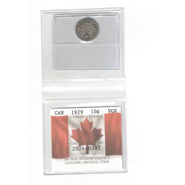 1929 Canada 10¢ Certified PCCS VG8, Professional Coin Certification System