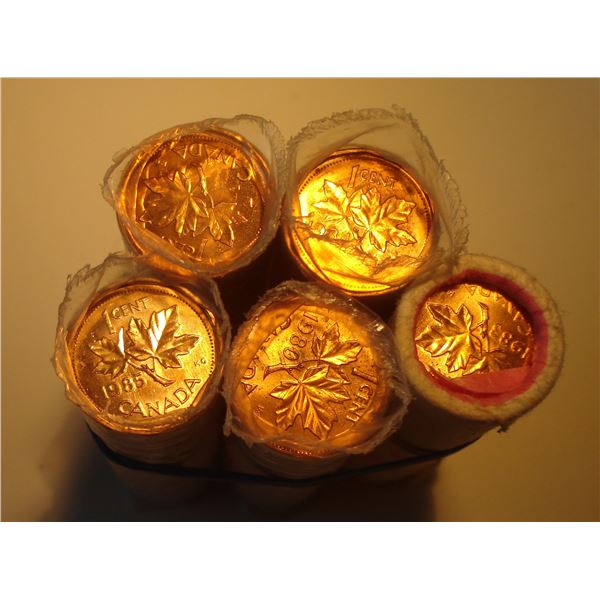 1980-83-84-85-2002P 1¢ 5 rolls lot All BU