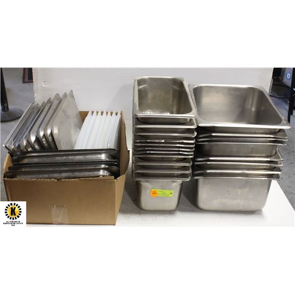 LOT OF 19 STAINLESS STEEL INSERTS W/ ASSORTED LIDS