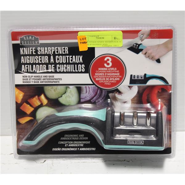 THREE-STAGE KNIFE SHARPENER W/ NON-SLIP HANDLE AND