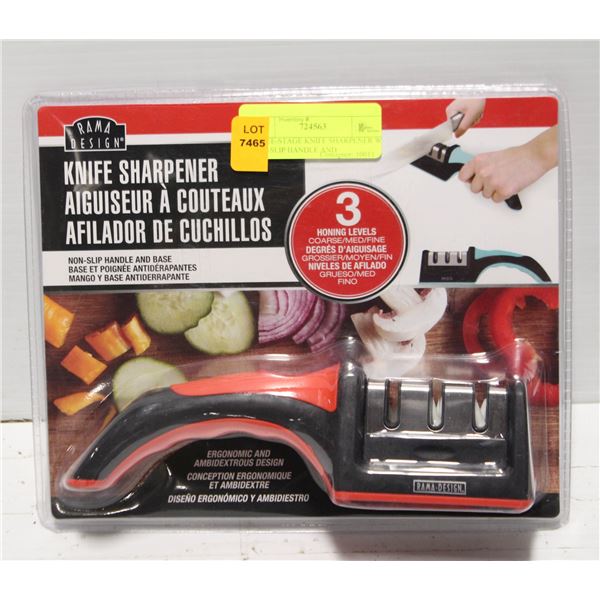 THREE-STAGE KNIFE SHARPENER W/ NON-SLIP HANDLE AND
