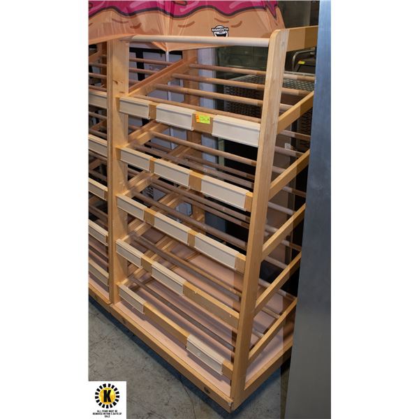 WOODEN DISPLAY RACK ON CASTORS