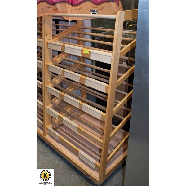 WOODEN DISPLAY RACK ON CASTORS