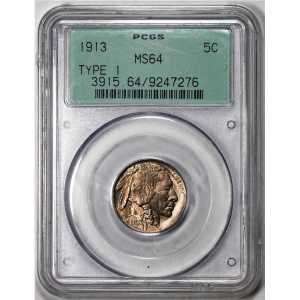1913 Type 1 Buffalo Nickel Coin PCGS MS64 Old Green Holder