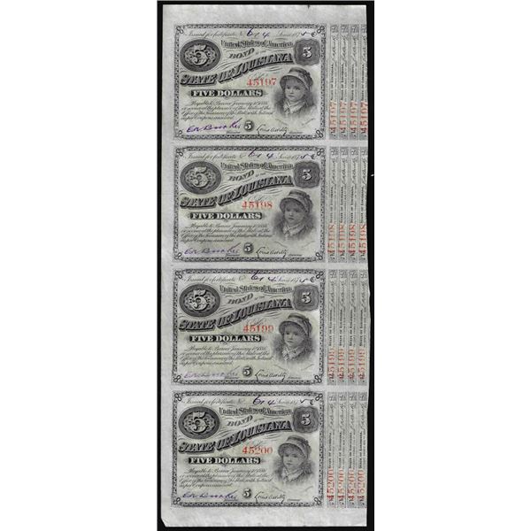 Uncut Sheet of (4) State of Louisiana Baby Bond Obsolete Notes