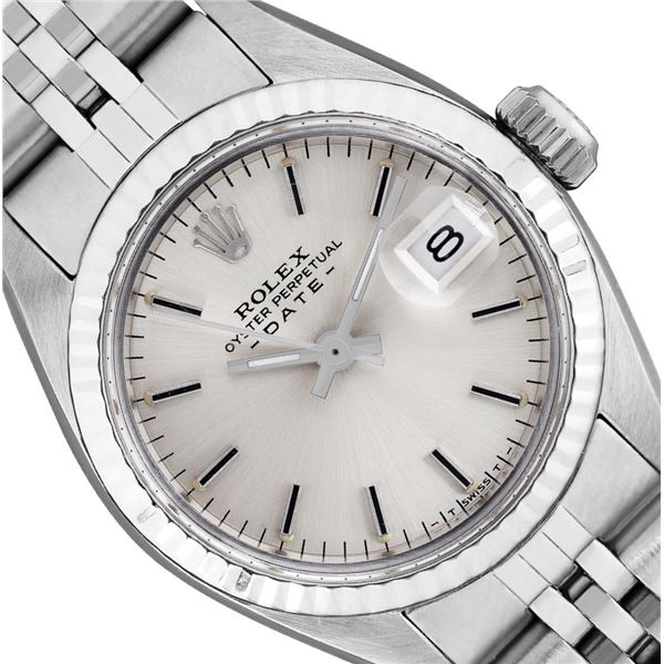 Rolex Ladies Stainless Steel Silver Index Date Wristwatch With Rolex Box