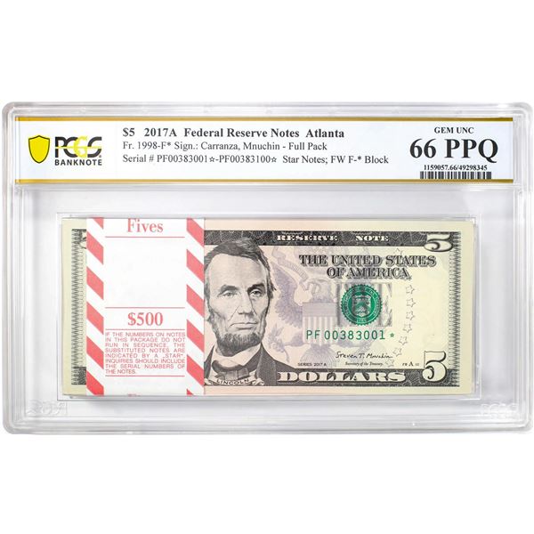 Pack of 2017A $5 Federal Reserve STAR Notes Atlanta Fr.1998-F* PCGS Gem UNC 66PPQ