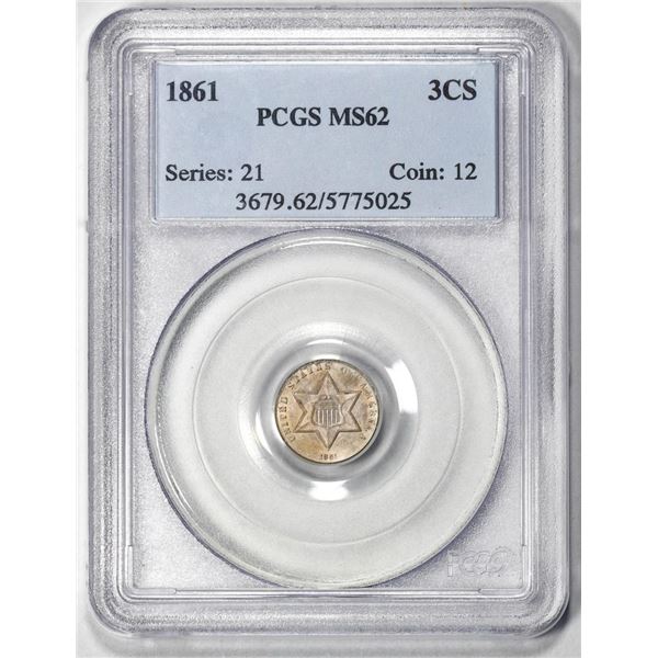 1861 Three Cent Silver Coin PCGS MS62