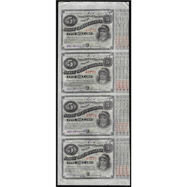 Uncut Sheet of (4) State of Louisiana Baby Bond Obsolete Notes