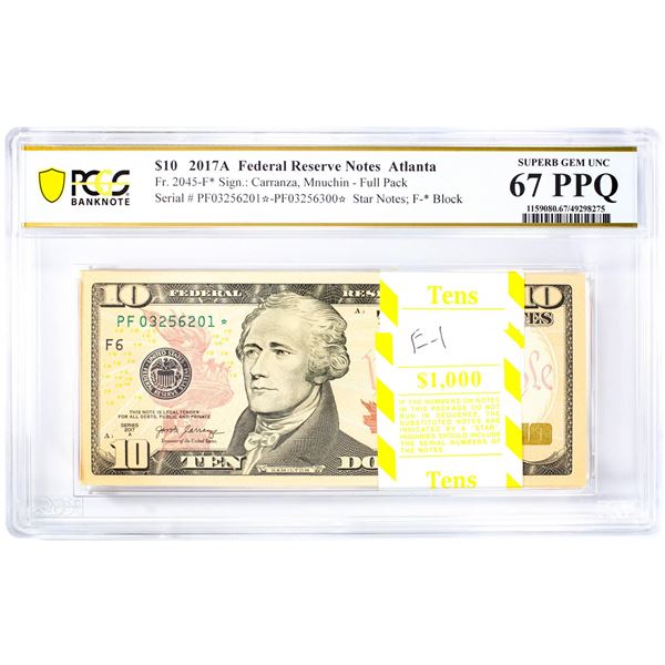 Pack of 2017A $10 Federal Reserve STAR Notes ATL Fr.2045-F* PCGS Superb Gem UNC 67PPQ