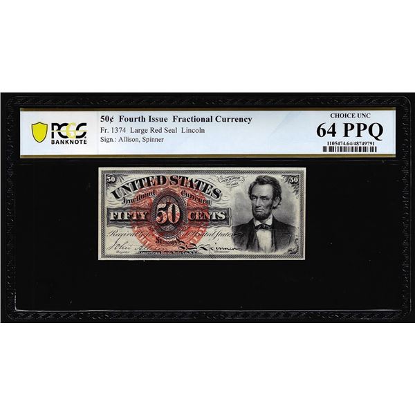 1863 Fourth Issue 50 Cents Lincoln Fractional Note Fr.1374 PCGS Choice Unc 64PPQ