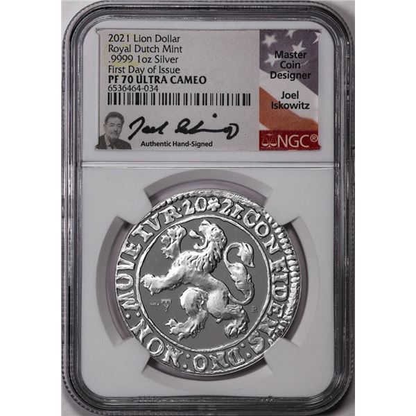 2021 Netherlands Proof Lion Dollar Silver Coin NGC PF70 Ultra Cameo FDOI Signed