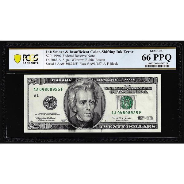 1996 $20 Federal Reserve Note Ink Smear & Insufficient Color Error PCGS Gem Unc 66PPQ
