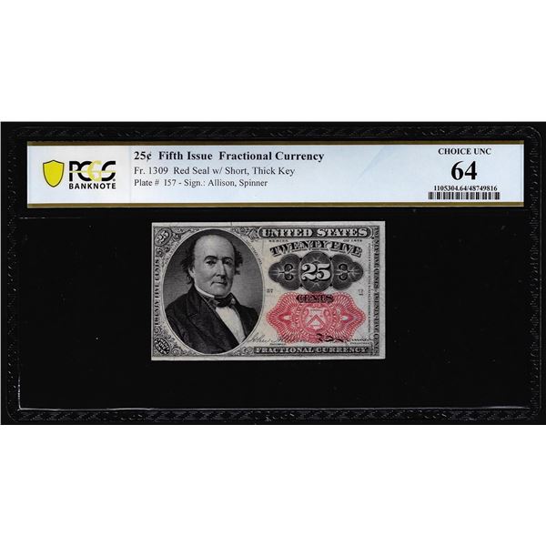 1874 Fifth Issue Twenty-Five Cents Fractional Currency Note Fr.1309 PCGS Choice Unc 64