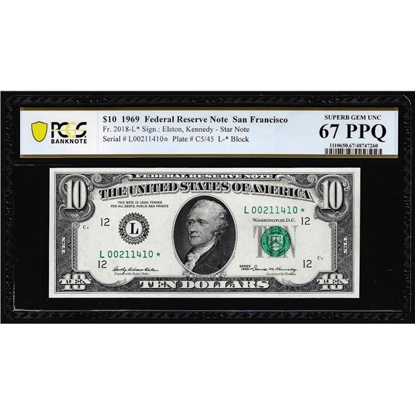 1969 $10 Federal Reserve STAR Note Fr.2018-L* PCGS Superb Gem Unc 67PPQ Top Pop