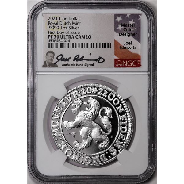 2021 Netherlands Proof Lion Dollar Silver Coin NGC PF70 Ultra Cameo FDOI Signed