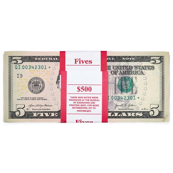 Pack of (100) Consecutive 2021 $5 Federal Reserve Star Notes