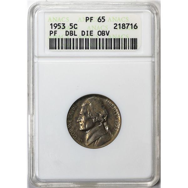 1953 Double Die Obverse Proof Jefferson Nickel Coin ANACS PF65 Soapbox Holder