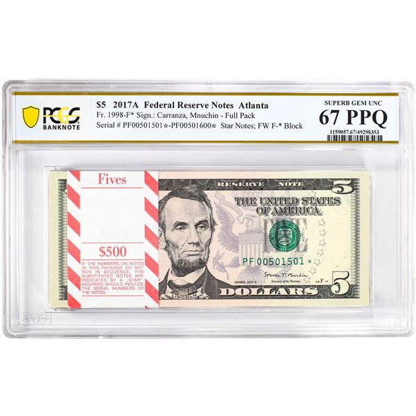 Pack 2017A $5 Federal Reserve STAR Notes Atlanta Fr.1998-F* PCGS Superb Gem UNC 67PPQ