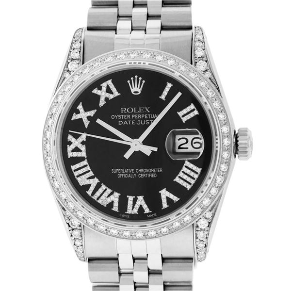 Rolex Mens Stainless Steel Black Roman Diamond Datejust Wristwatch