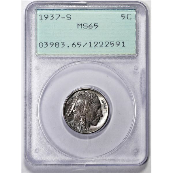 1937-S Buffalo Nickel Coin PCGS MS65 Old Green Rattler
