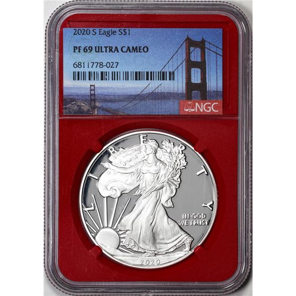 2020-S $1 Proof American Silver Eagle Coin NGC PF69 Ultra Cameo Red Core