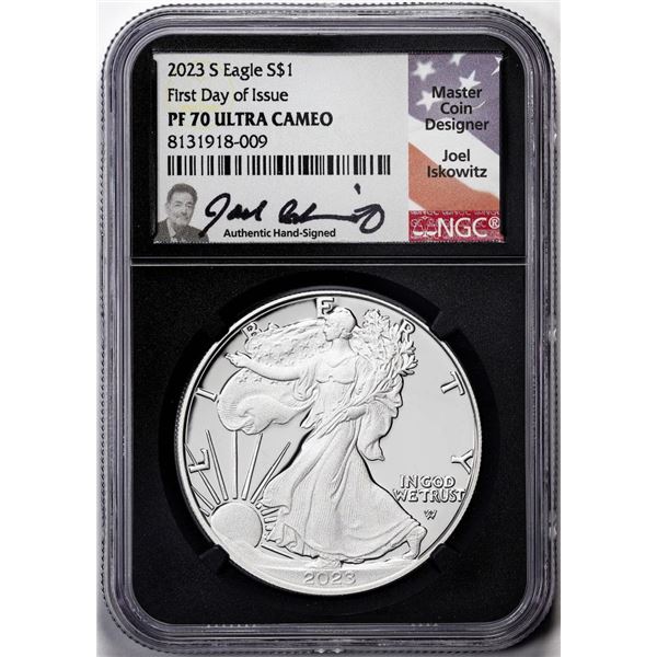 2023-S $1 Proof American Silver Eagle Coin NGC PF70 Ultra Cameo FDOI Iskowitz Signed