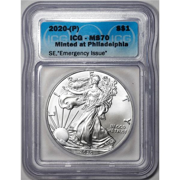 2020-(P) $1 American Silver Eagle Coin ICG MS70 Emergency Issue Philadelphia Mint
