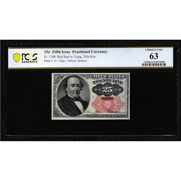1874 Fifth Issue Twenty-Five Cents Fractional Currency Note Fr.1308 PCGS Choice Unc 63