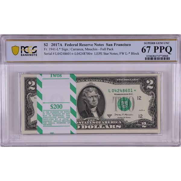 Pack of 2017A $2 Federal Reserve STAR Notes SF Fr.1941-L* PCGS Superb Gem UNC 67PPQ