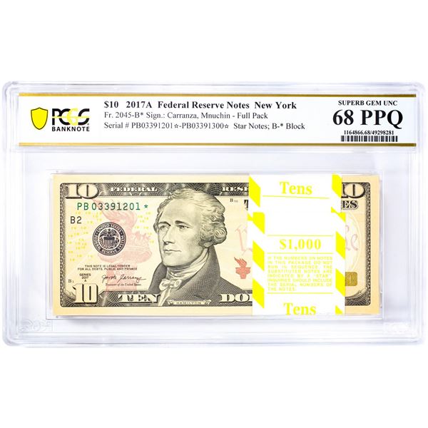 Pack of 2017A $10 Federal Reserve STAR Notes NY Fr.2045-B* PCGS Superb Gem UNC 68PPQ