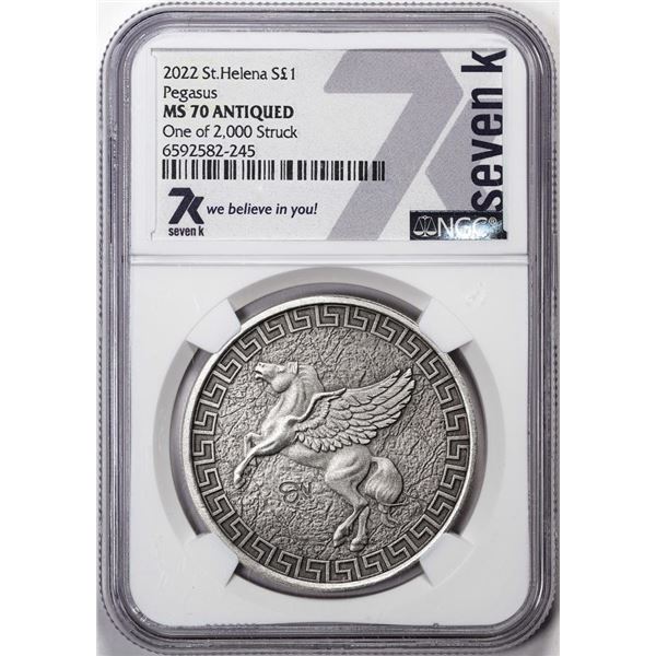 2022 St. Helena 1 Pound Pegasus Silver Coin NGC MS70 Antiqued