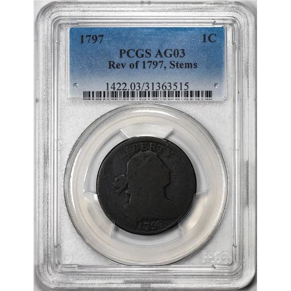 1797 Reverse of 1797 Stems Draped Bust Large Cent Coin PCGS AG03